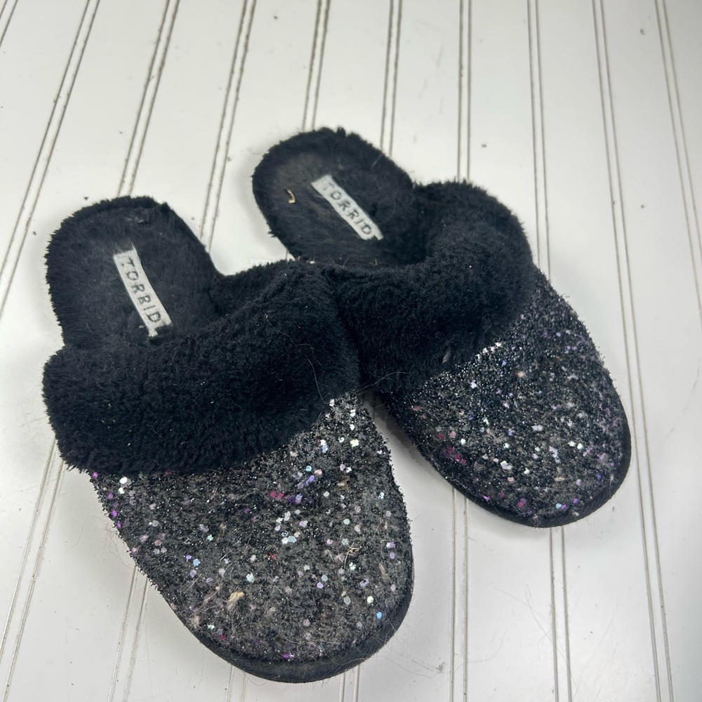 Torrid Black Faux Fur Glitter Slip On Slippers Womenโs Size 9M - Picture 9 of 9